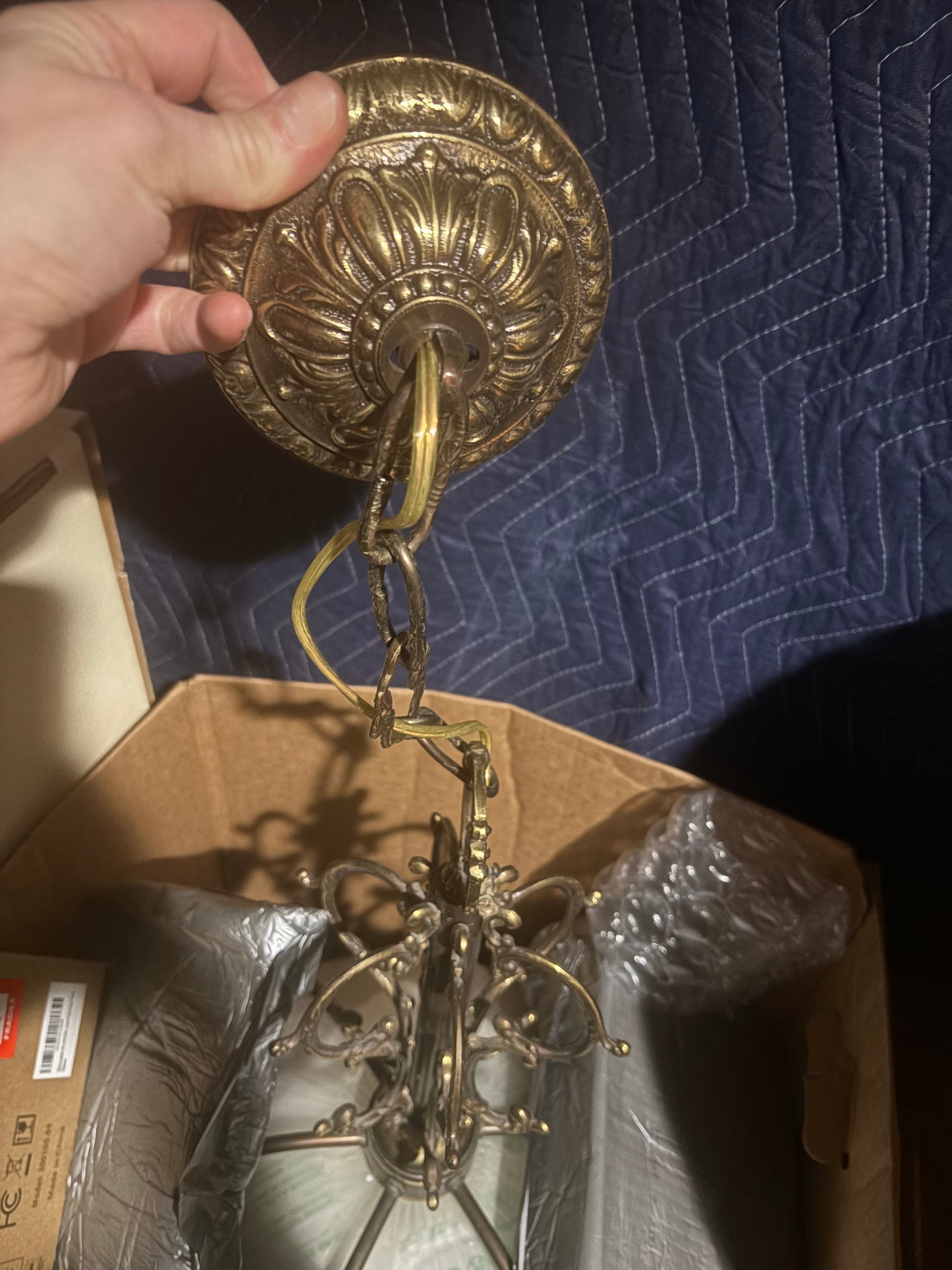 1920s/30s Frosted Glass Dome Chandelier with Brass Crown Detailing and Pink Blown Glass Beads (FREE SHIPPING)