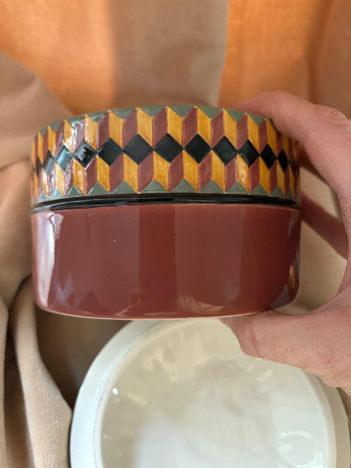 Ceramic Container with Sun Person and Geometric Design (FREE SHIPPING)