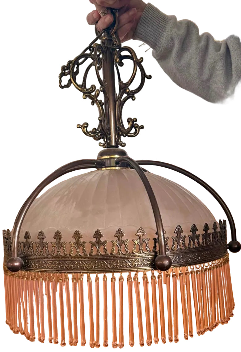 1920s/30s Frosted Glass Dome Chandelier with Brass Crown Detailing and Pink Blown Glass Beads (FREE SHIPPING)