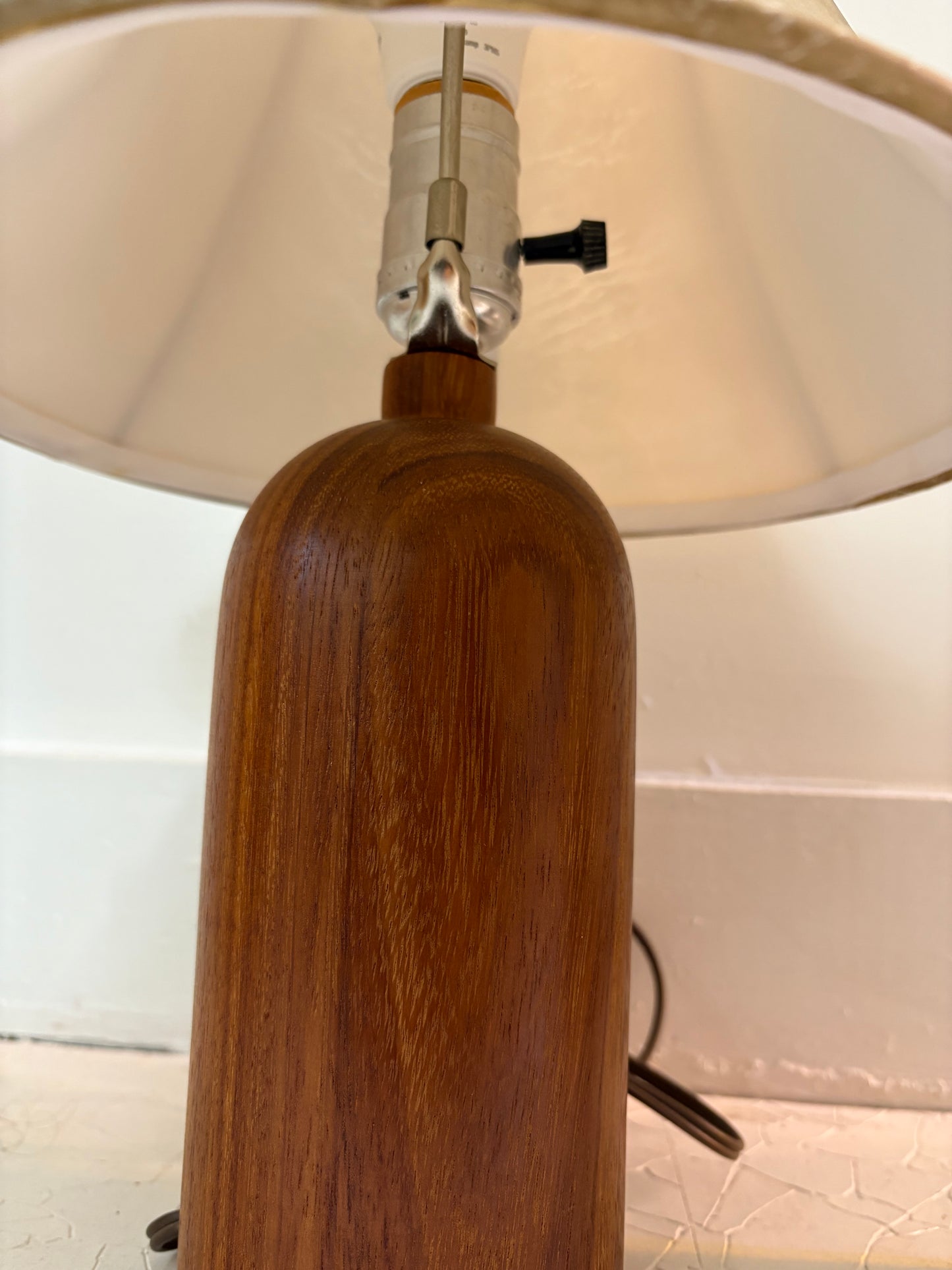 Pair of Mid Century Turned Teak Lamps with Original Shades (FREE SHIPPING)
