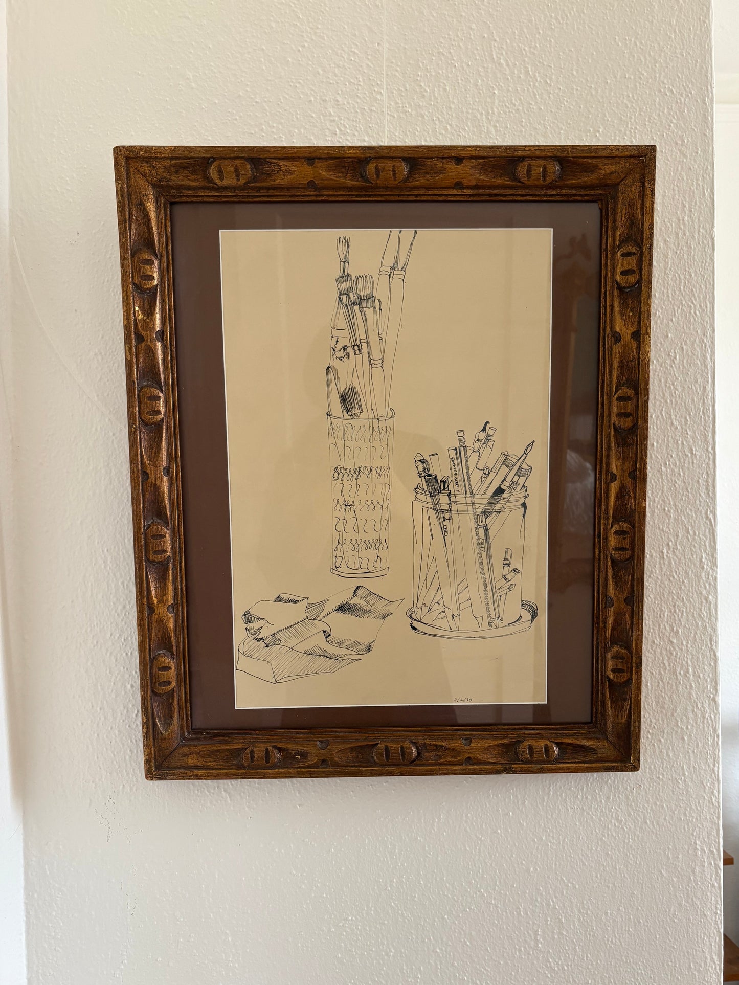 Ink Drawing of Artist Items in Vintage Frame (FREE SHIPPING)