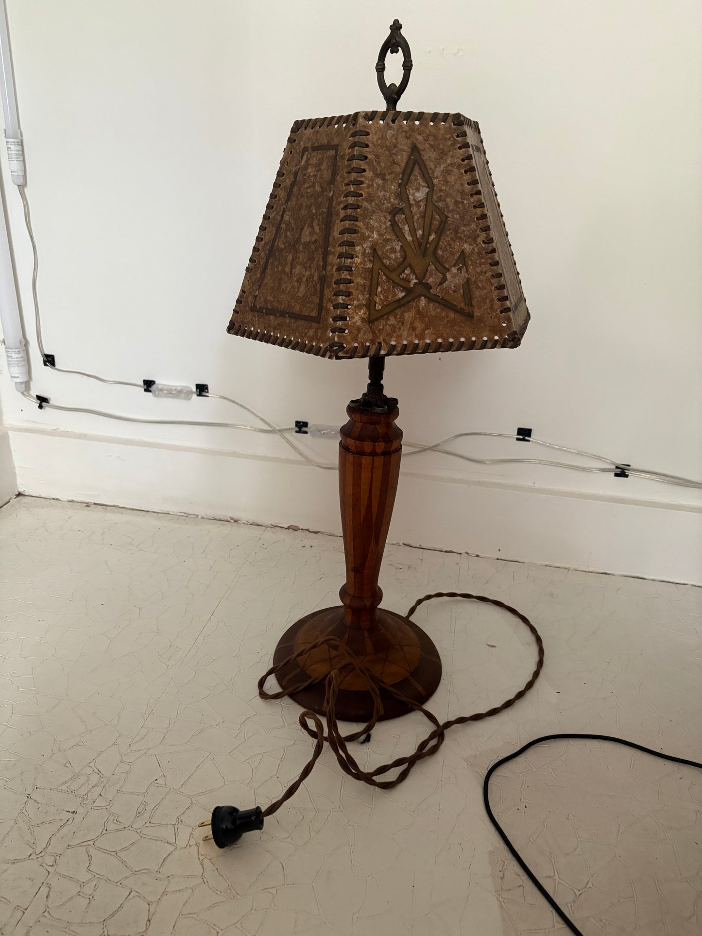 1940s Parquetry Table Lamp with 1920s Mica Shade (FREE SHIPPING)