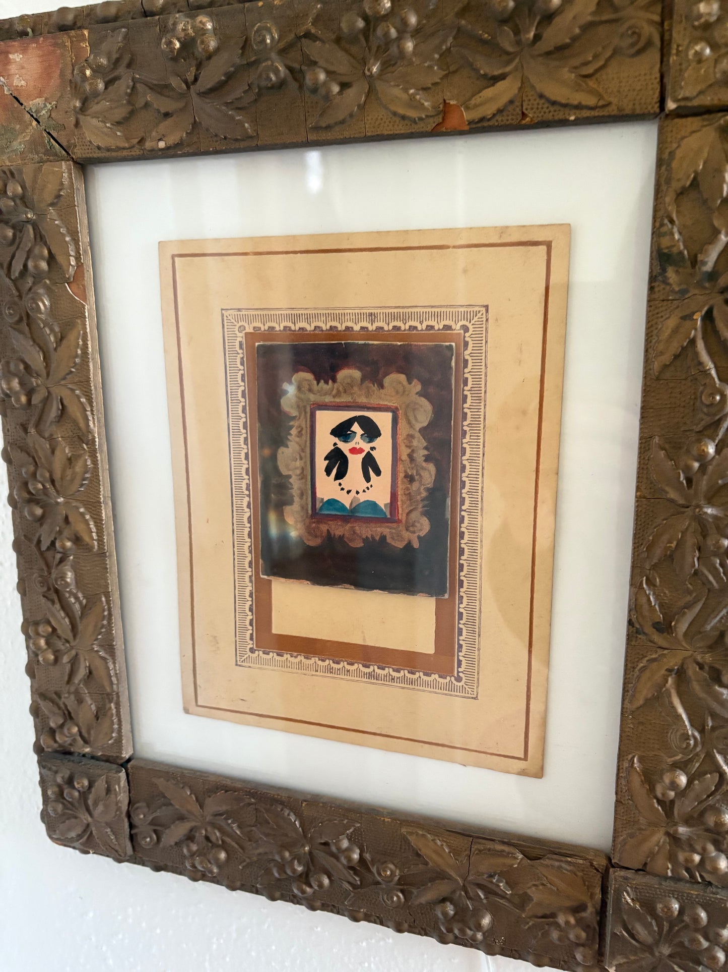 Miniature Watercolor Portrait in Floating Mats and Antique Frame (FREE SHIPPING)