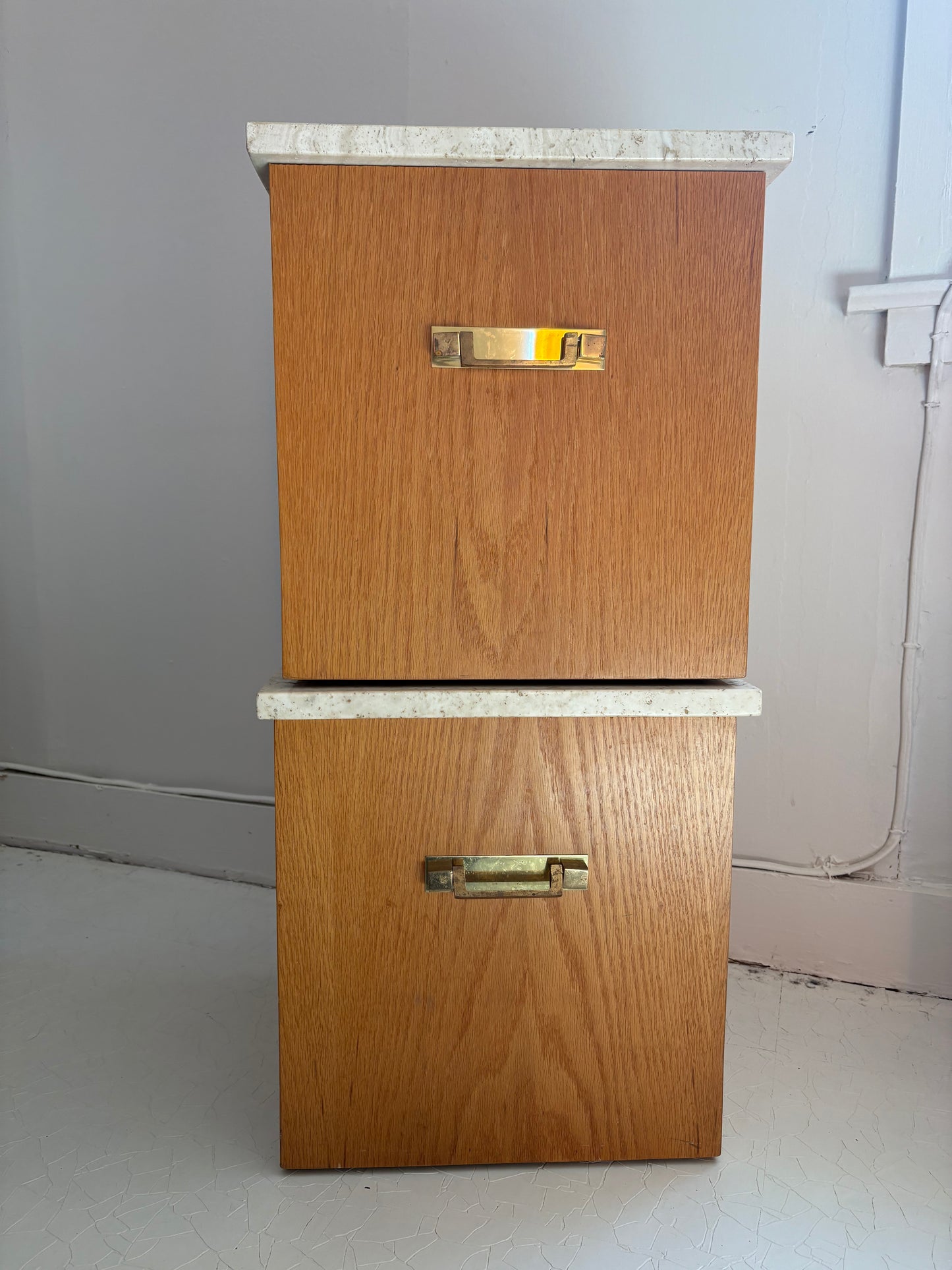 Pair of 1970s Wood and Travertine End Tables