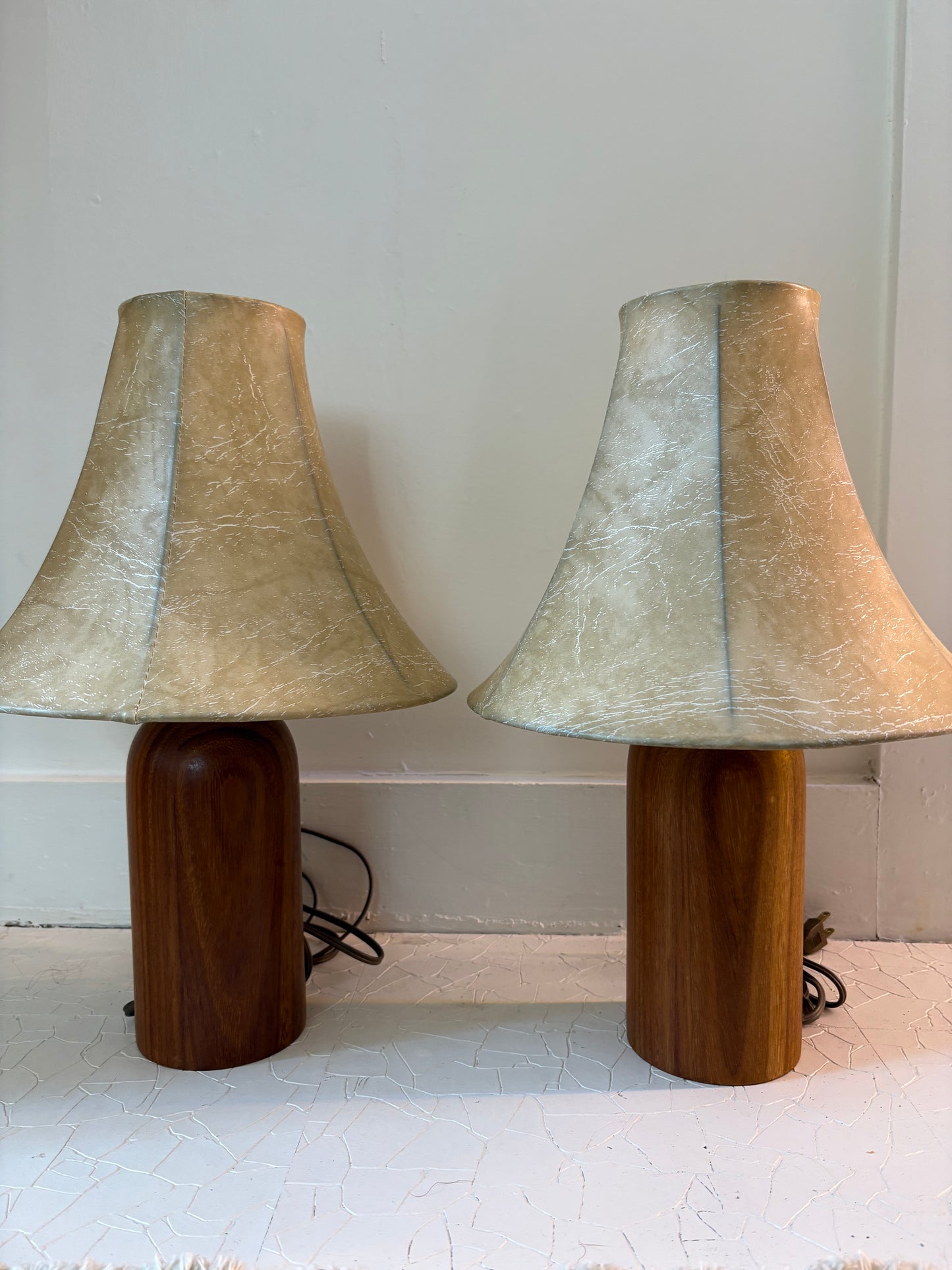 Pair of Mid Century Turned Teak Lamps with Original Shades (FREE SHIPPING)