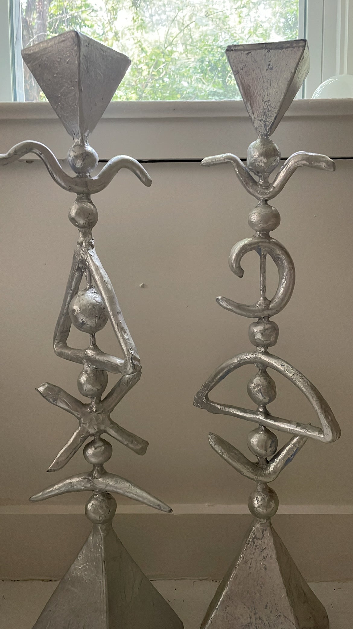 Monumental Pair of Ceramic and Silver-leafed Studio Art Candlestick Holders