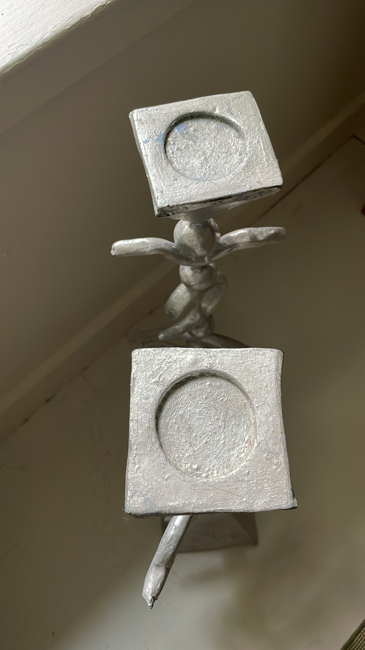 Monumental Pair of Ceramic and Silver-leafed Studio Art Candlestick Holders