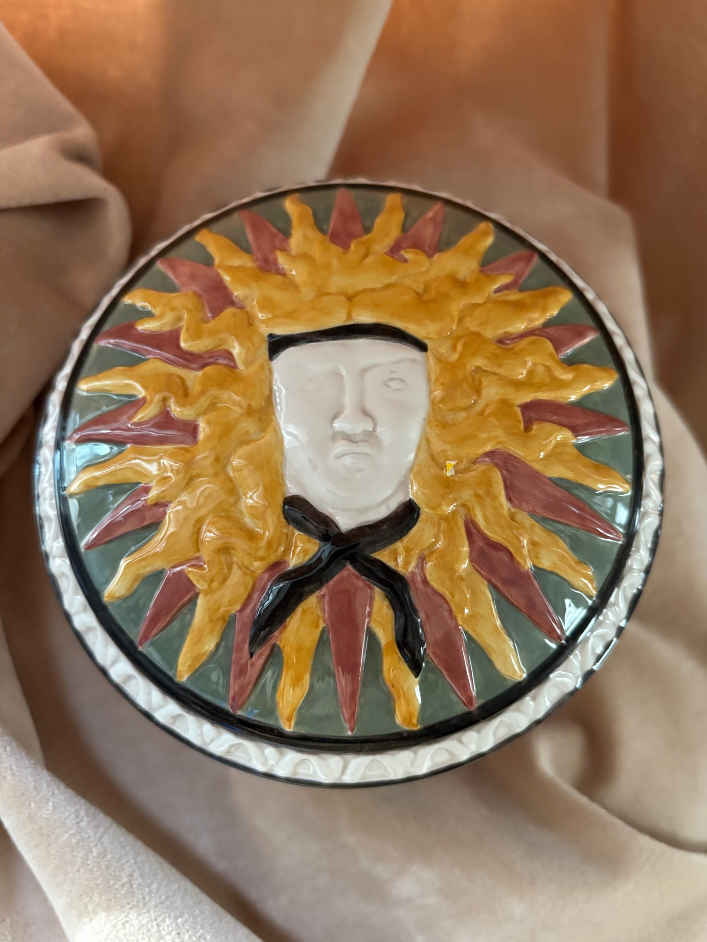 Ceramic Container with Sun Person and Geometric Design (FREE SHIPPING)