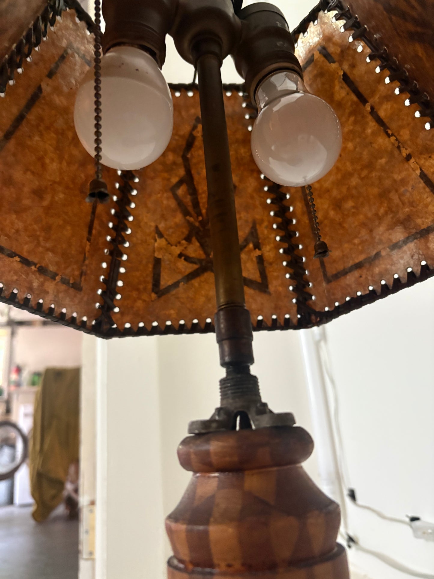 1940s Parquetry Table Lamp with 1920s Mica Shade (FREE SHIPPING)