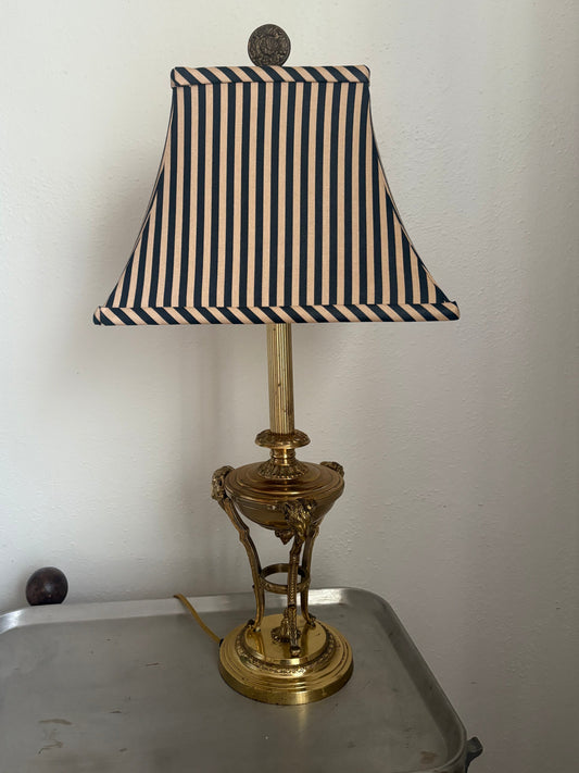 1960s Hollywood Regency Brass Ram Lamp with Silk Striped Shade (FREE SHIPPING)