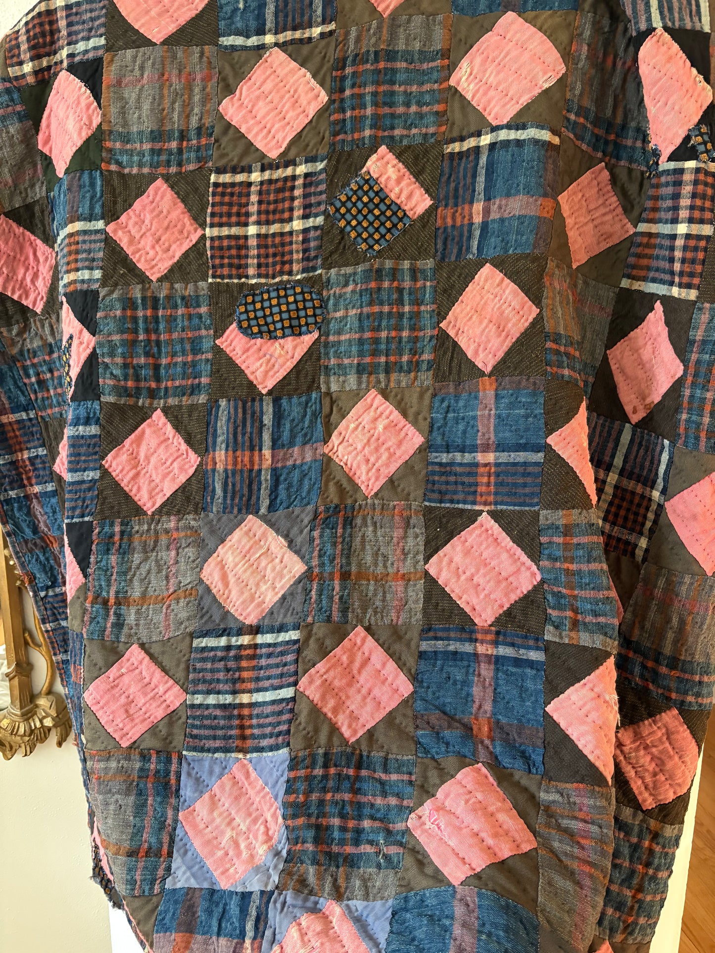 Antique Plaid and Checkered Patchwork Quilt- Twin (FREE SHIPPING)