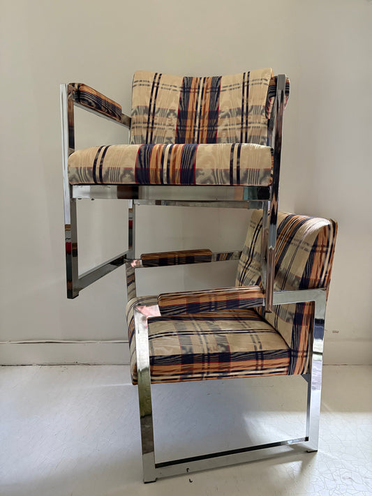 Pair of 1970s Chrome Armchairs with Original Moire Fabric