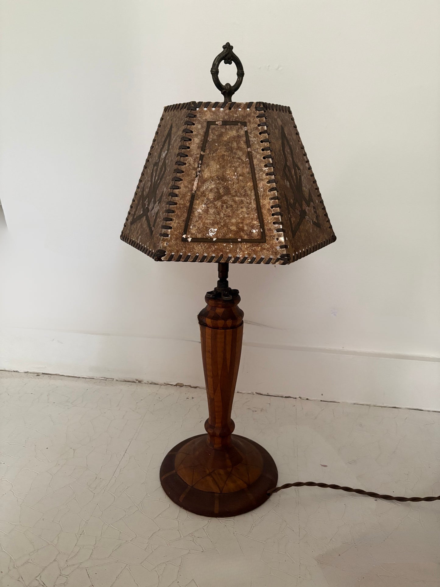 1940s Parquetry Table Lamp with 1920s Mica Shade (FREE SHIPPING)